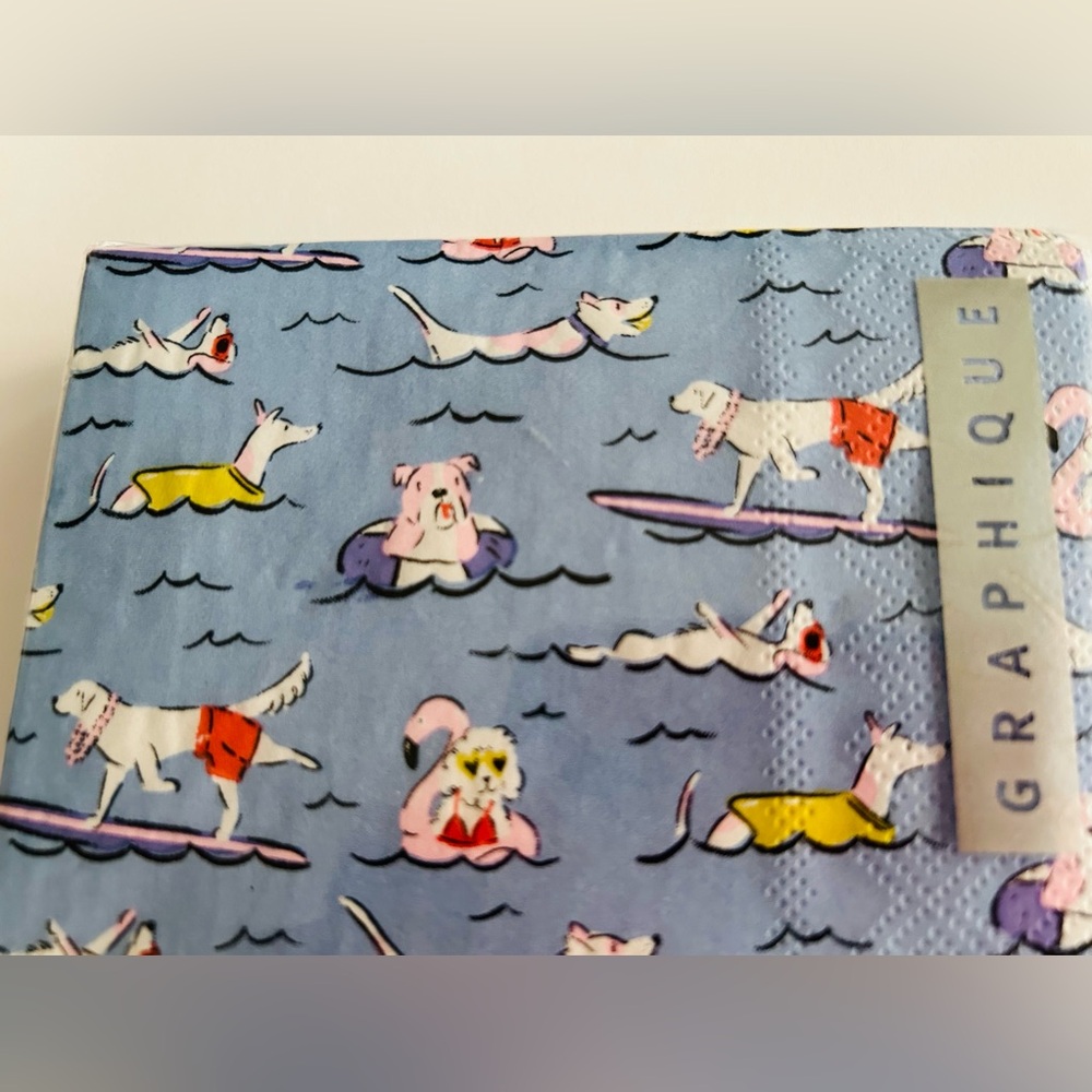 New 40 Graphique Paper Cocktail Napkins Dogs Ocean Surfing Swimmimg - Picture 3 of 16